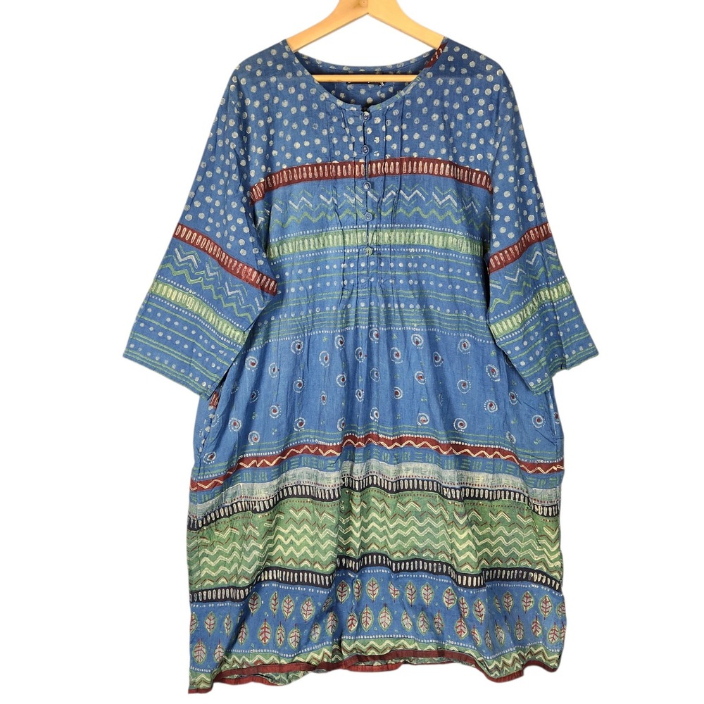Gudrun Sjoden Tunic Midi Dress XXL Blue Organic Cotton Block Print Tribal Boho